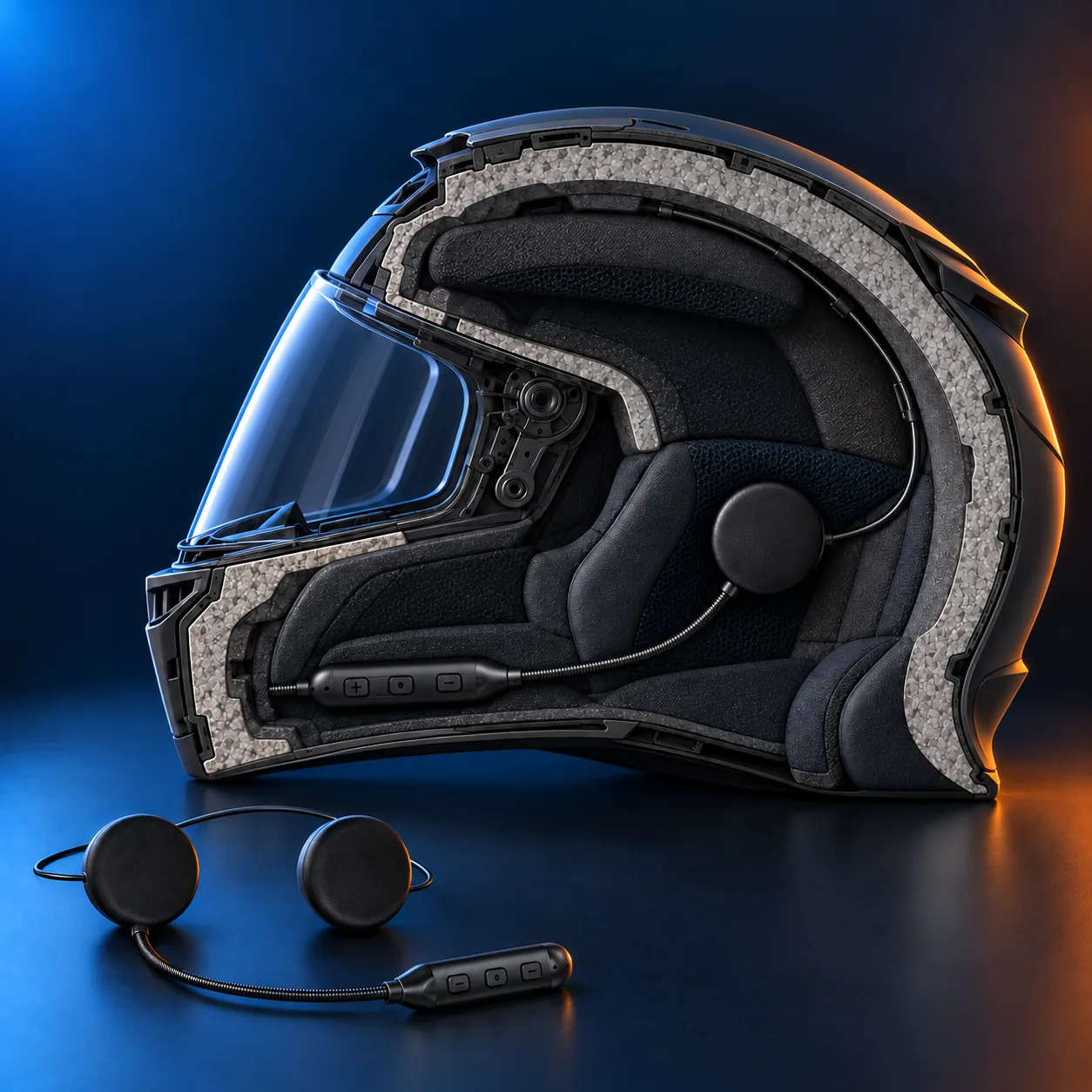 Cutaway of a full-face helmet showing the Bluetooth BTX speakers and mic fitted inside the lining