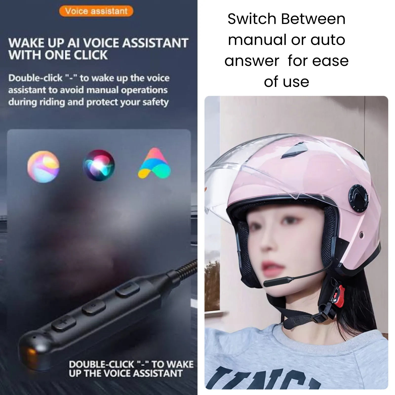 Bluetooth BTX inline buttons and voice assistant feature, with a rider wearing a helmet and mic