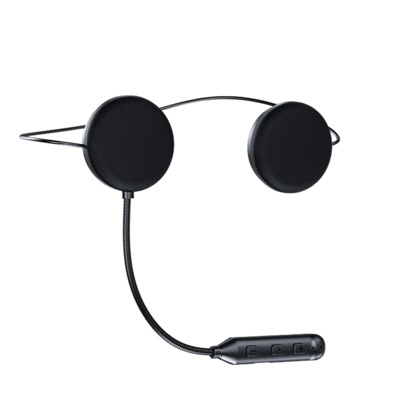 Bluetooth BTX headset on white: two round black speakers, braided cable and three-button control unit